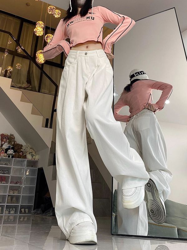 白色褶皱垂感阔腿牛仔裤女秋季2025新款高腰宽松显瘦直筒拖地长裤|undefined