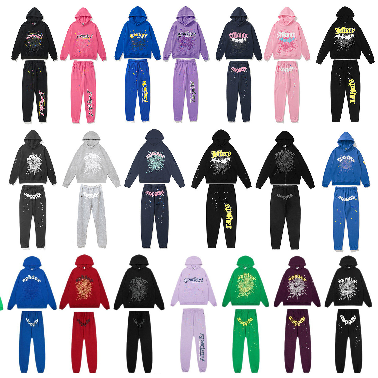 Cross-Border High-Quality Sp5Der Heavyweight Fleece Spider Web Print Hoodie Sports Casual Sweatshirt and Sweatpants Set