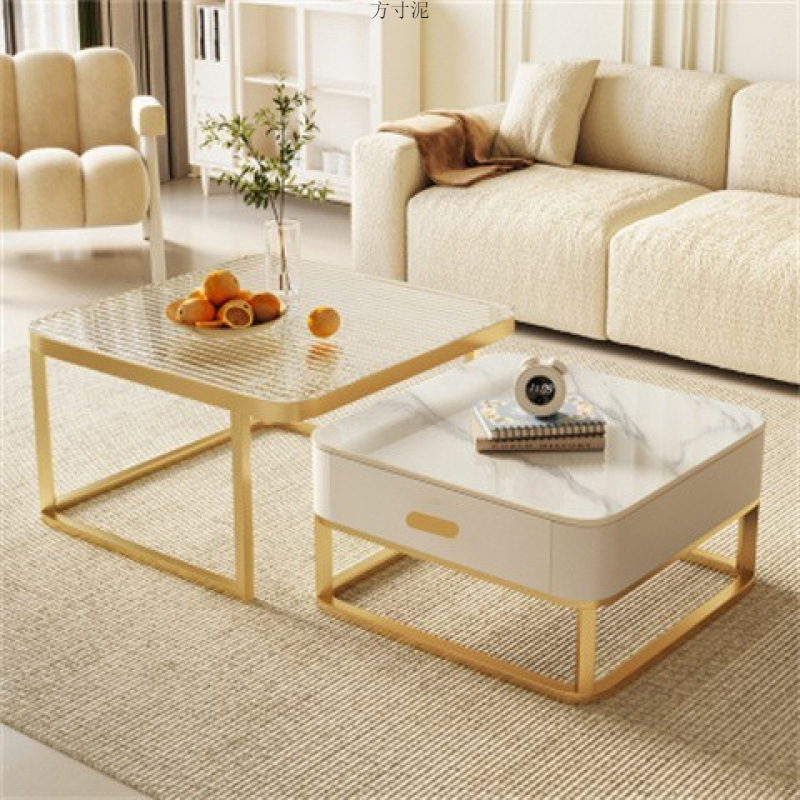 奶油风茶几客厅家用简约轻奢现代岩板小户型伸缩茶几网红组合批发