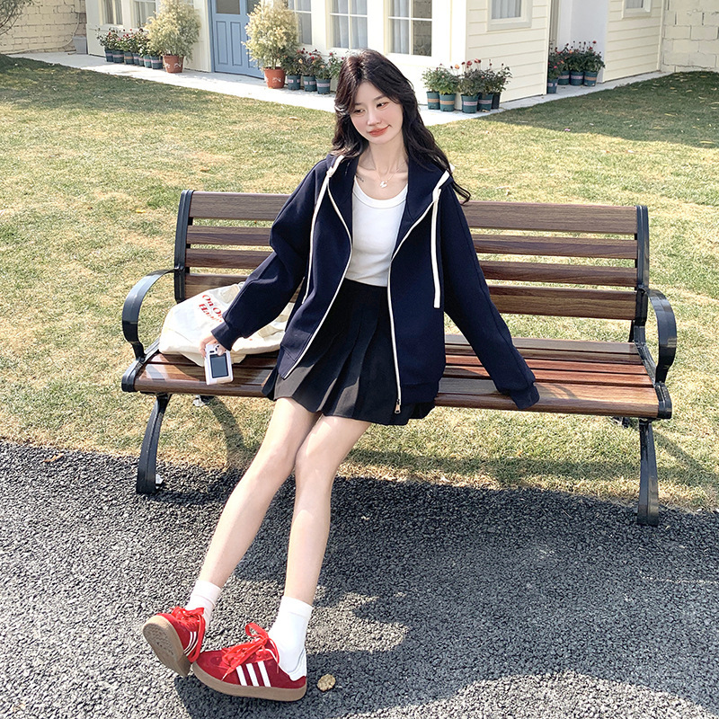 实拍撞色拼接连帽卫衣外套女2025春季新款学院风宽松休闲开衫上衣|undefined