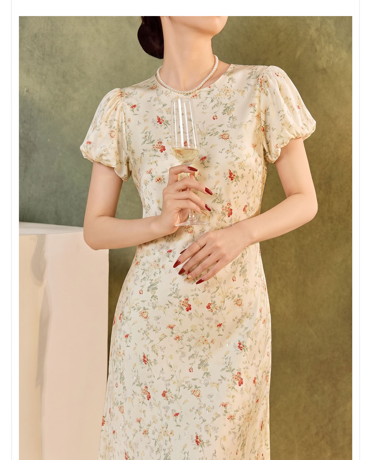 Đầm maxi kiểu Pháp tay bong bóng cổ vòng thắt eo họa tiết hoa vàng — Hoa vàng chi tiết 7