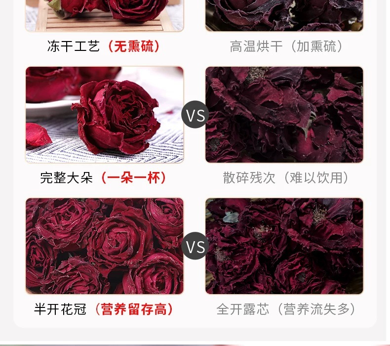 Yunnan Freeze Dried Dark Red Rose Flower Tea Dried Rose Buds One Bloom Per Cup 100g quality and texture