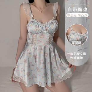 Guiruo plus size Cute Printed Satin Pajamas Sexy with Chest Pad Hot Backless Nightdress Home Clothes suit 4908