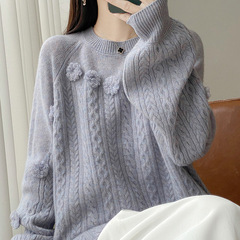 2025新款100%羊毛衫圆领套头保暖麻花钩花宽松百搭毛衣女士针织衫