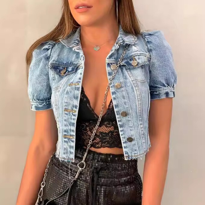 Crop Denim Jacket Cross-Border Ins-Style Ripped Vintage Distressed Puff Sleeve Denim Jacket Top