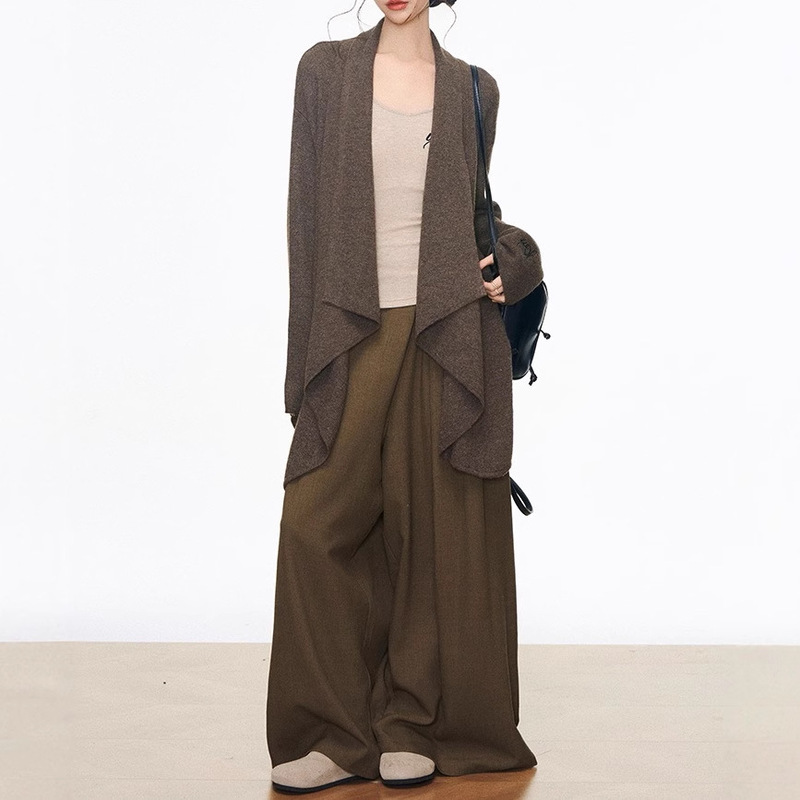 Westayone Mid-Length Sweater Cardigan for Women Korean Style Lazy + V Neck Bottoming Shirt + Wide Leg Pants