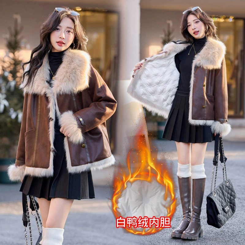 Bao Spot 2025 новый зимний винтажный замша какао меха лисья шерсть пуховик