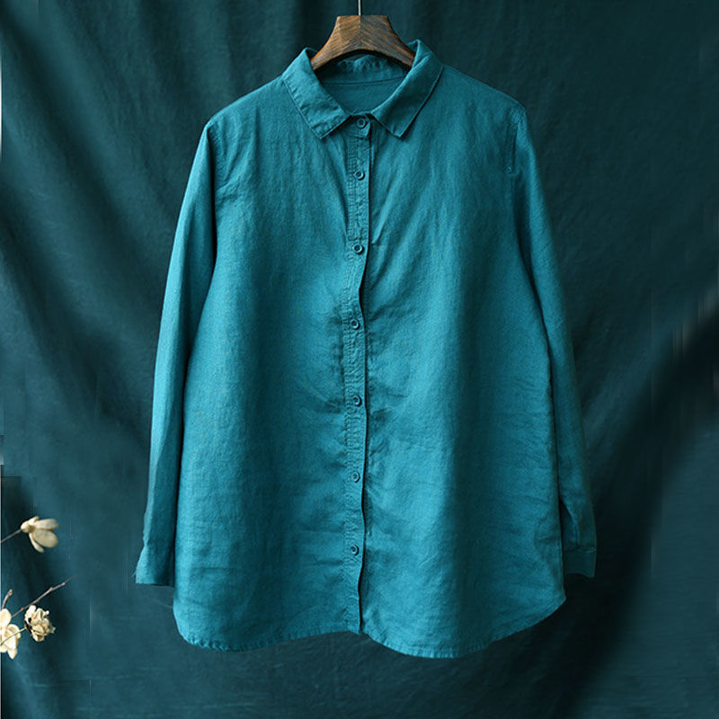 清仓捡漏尾货棉麻女士衬衫纯色休闲打底亚麻长袖衬衣