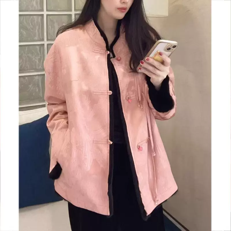 双面穿新中式唐装中国风女装加绒盘扣粉色宋锦棉服外套2025新款冬