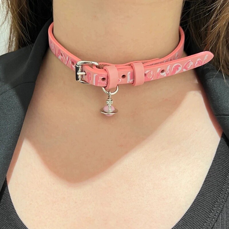 Queen Mother Empress Letter Graffiti Sweet Cool Leather Cord Belt 3D Saturn Necklace Choker Bracelet Dual-Wear