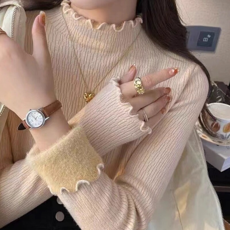 Autumn and Winter fleece-lined sweater women's thickened inner half turtleneck one-piece fleece-lined bottoming shirt pullover Western style knitted warm top