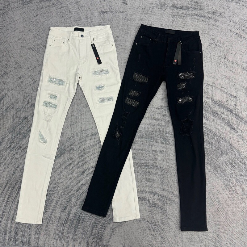 Independent AM Black Hot Drilling Ripped Jeans High Street Black Basic Ripped Skinny Stretch Jeans Trousers