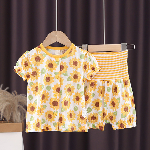 Distribution of bamboo breathable sweat-absorbent boys and girls short-sleeved high-waisted belly-protecting shorts pajamas home outing set