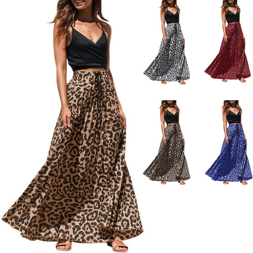 European and American large size women's clothing a-line skirt extra-large size skirt drawstring print leopard print long dress for women