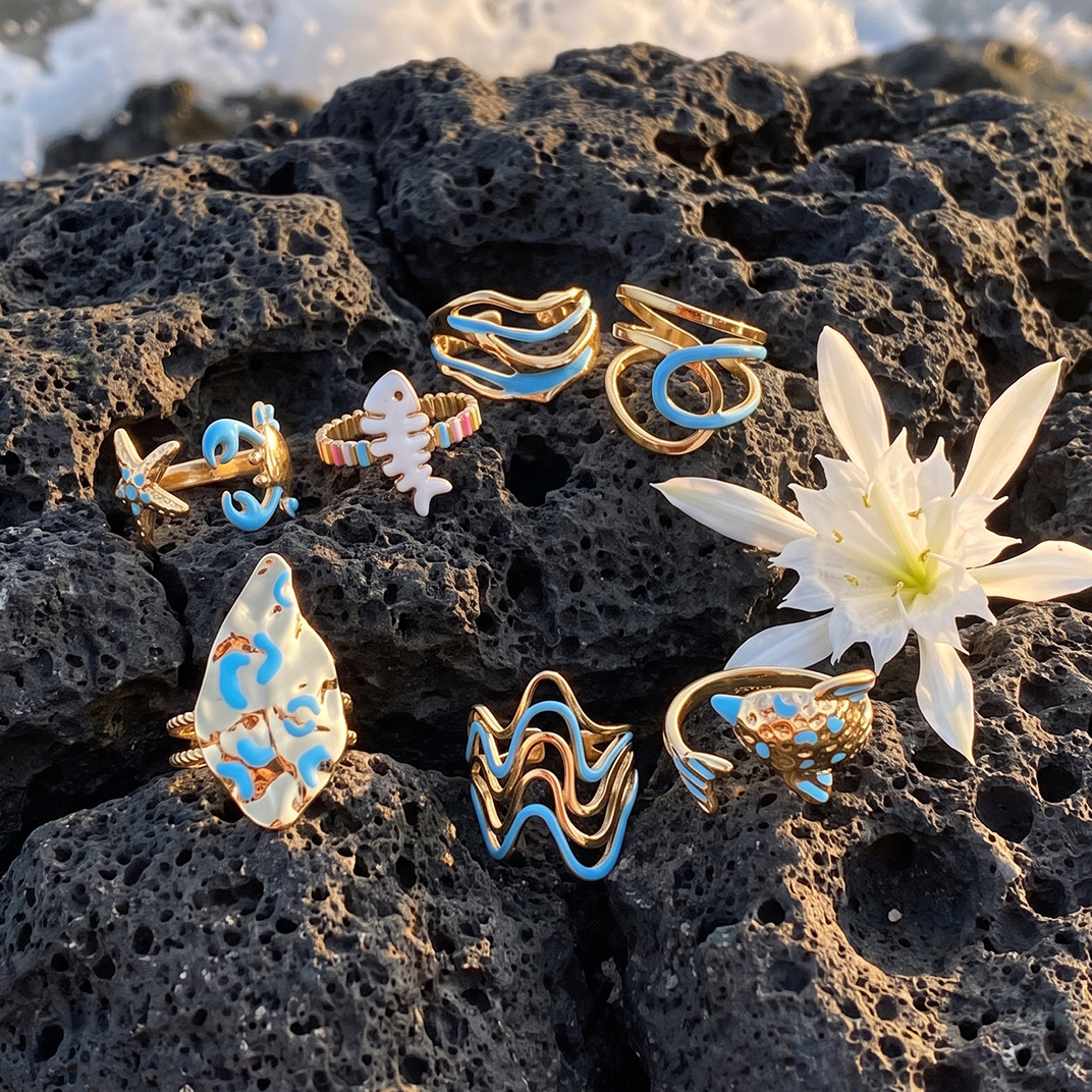 TENA Europa y América nicho de acero inoxidable transfronterizo diseño fresco azul goteo marino serie de anillo de joyería de mano de alta calidad