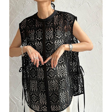 跨境亚马逊2025外贸日韩 春夏新款圆领蕾丝衬衫  镂空钩花蕾丝上