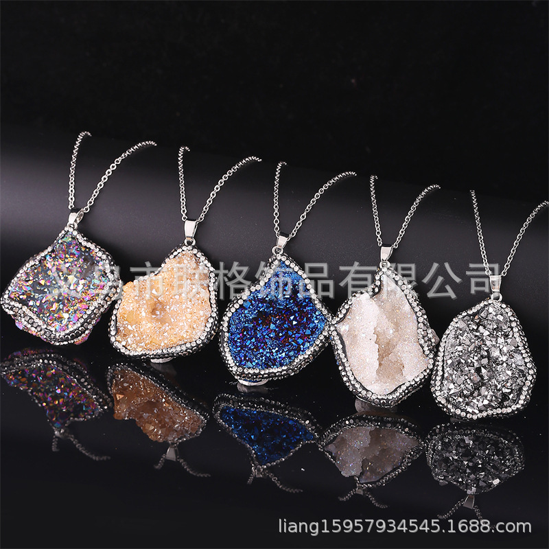 瑪瑙晶簇吊墜瑪瑙原石項鏈天然水晶不規則diy歐美項鏈