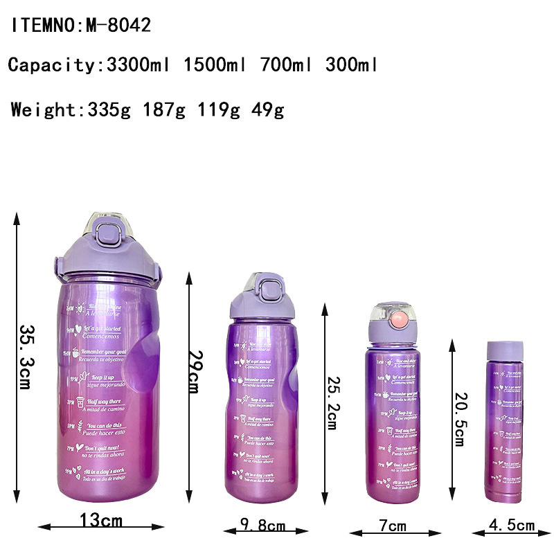 Resalte gradiente de color plástico paja taza de agua de cuatro piezas conjunto de gran capacidad de fitness deportes hervidor de agua mango portátil botella de agua