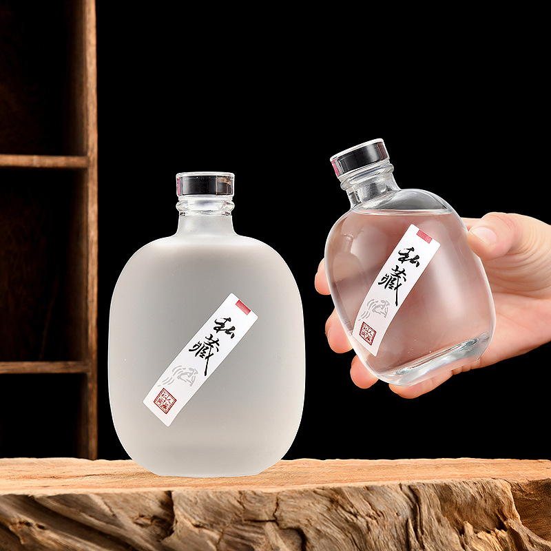 批发半斤玻璃国潮酒瓶透明蒙砂果酒瓶密封白酒空瓶带包装自酿酒瓶