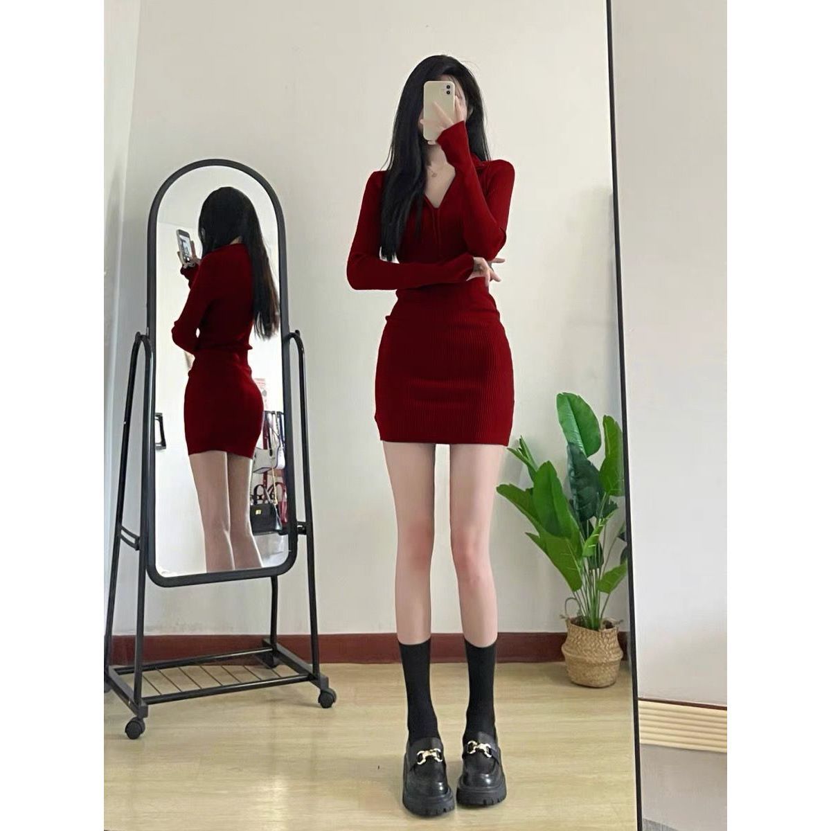 태국 긴 소매 기지 원피스 여성의 봄, 가을, 겨울 새로운 섹시한 스파이스 소녀 작은 슬림 핏 지퍼 힙합 스커트