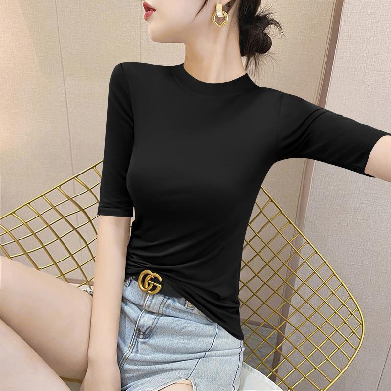 여름용 여성용 블랙 하프 터틀넥 모달 미드 슬리브 티셔츠 아이스 실크 5부 소매 슬림핏 미드 칼라 얇은 반소매 탑