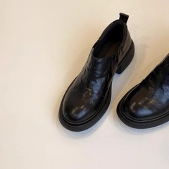 羊皮版~2025新款百搭粗跟厚底小皮鞋女复古真皮圆头一脚蹬乐福鞋
