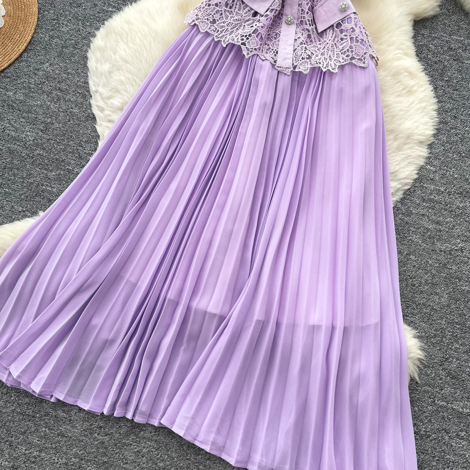 Elegant A-Line Dress Lace Trim Slimming Pleated Long Skirt Casual Professional Summer Dress For Women_ecoleips.com