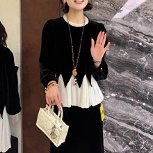 批发2025爆款时尚百搭篙端真丝丝绒拼接撞色裙摆上衣法式小衫长袖