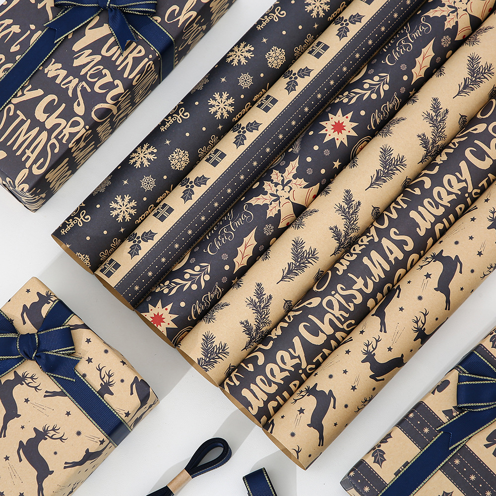 Nuevo papel de embalaje kraft de Navidad retro, papel de embalaje de regalo de nieve de alce, papel de embalaje de Nochebuena