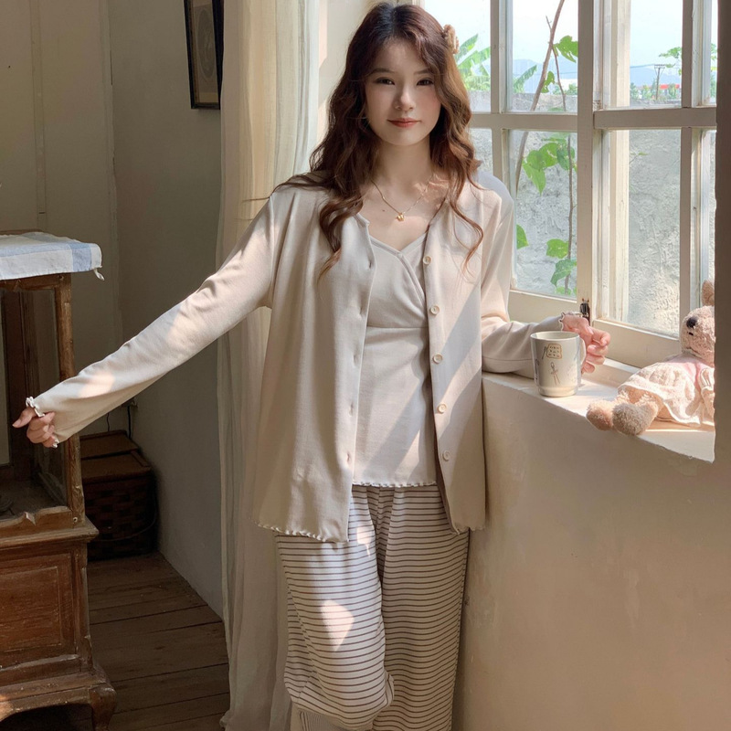 [in Stock 88258] Cross-Border Exclusive Supply of Postpartum Clothing Three-Piece Set with Breast Pads, Maternity Nursing Pajamas for Breastfeeding in Public