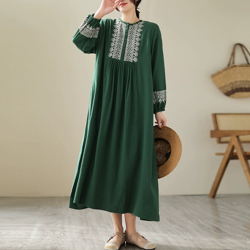 Летнее платье с длинными рукавами, корейский стиль, plus size, вышитый круглый воротник, беж/зелёное