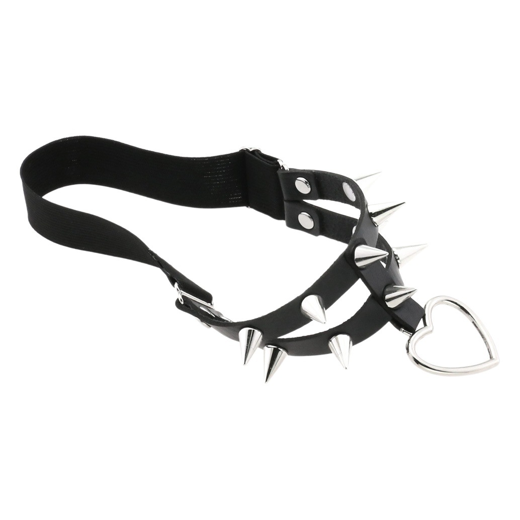 Fashion Punk Gothic Style Double Row Pointed Rivet Leather Thigh Ring Personalized Peach Heart Pendant Elastic Garter Belt