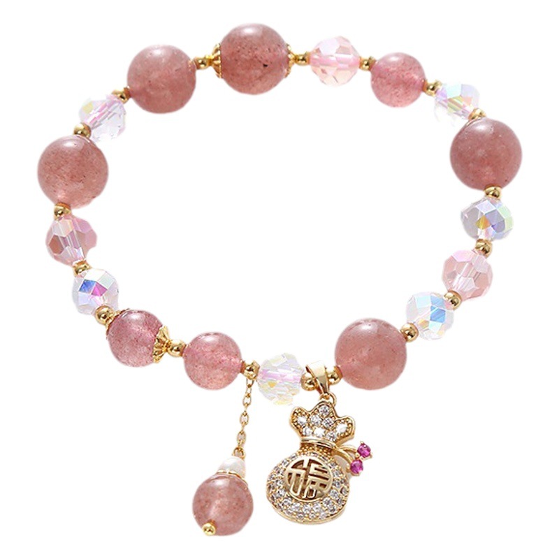 Nuevo estilo chino fresa natural cristal nicho de alto sentido dinero bolsa colgante cuentas pulsera joyería accesorios femeninos