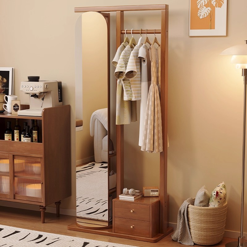 Clothes Rack, Dressing Mirror, Integrated Floor-Standing Bedroom and Living Room Storage Rack, Rotating Full-Length Mirror, Multi-Functional Coat Rack, Solid Wood