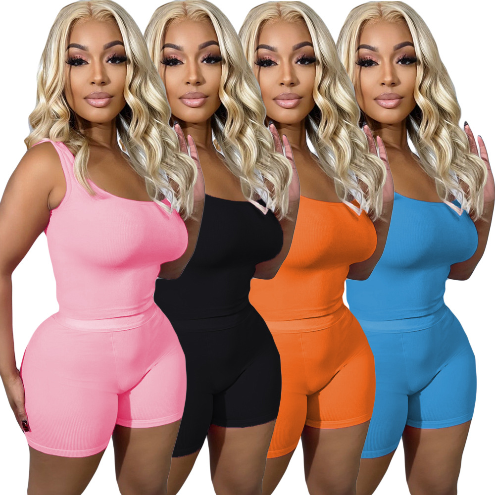 CN0209 European and American women's new Amazon AliExpress independent station solid color pit sports two-piece suit.
