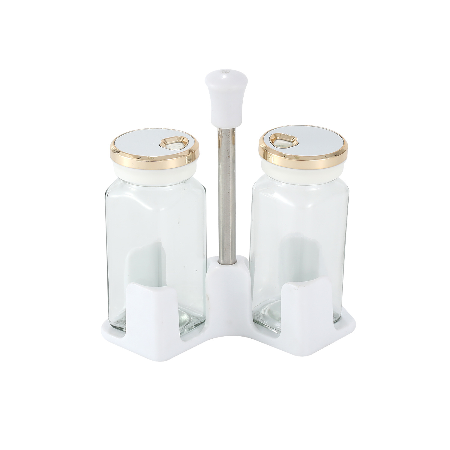 Botella cuadrada de lujo ligera de cuatro piezas Botella de condimento de vidrio de cocina Olla de aceite Tanque de sal a prueba de humedad Tarro de condimento Botella giratoria