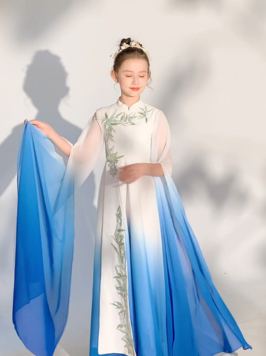 Kids Blue gradient hanfu fairy dress ancient folk dance  costumes guzheng performance long gown water sleeves model show catwalk shows performance clothing