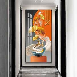 金杏抽象入户玄关装饰画轻奢走廊过道背景墙挂画现代简约壁画竖版