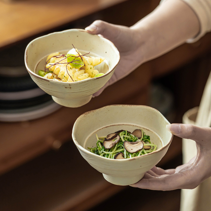 Stoneware Petal Edge Ceramic Bowl Household Rice Bowl Retro Style Old Tableware Wholesale Bowl Commercial Ready-Made Tall Bowl Stoneware Petal Edge Ceramic Bowl Household Rice Bowl Retro Style Old Tableware Wholesale Bowl Commercial Ready-Made Tall Bowl