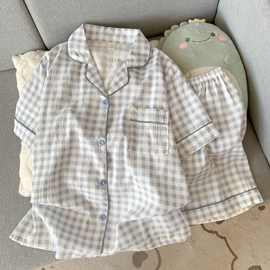夏天格子衬衫女云朵棉情侣短袖短裤睡衣家居服两件套装男士夏季