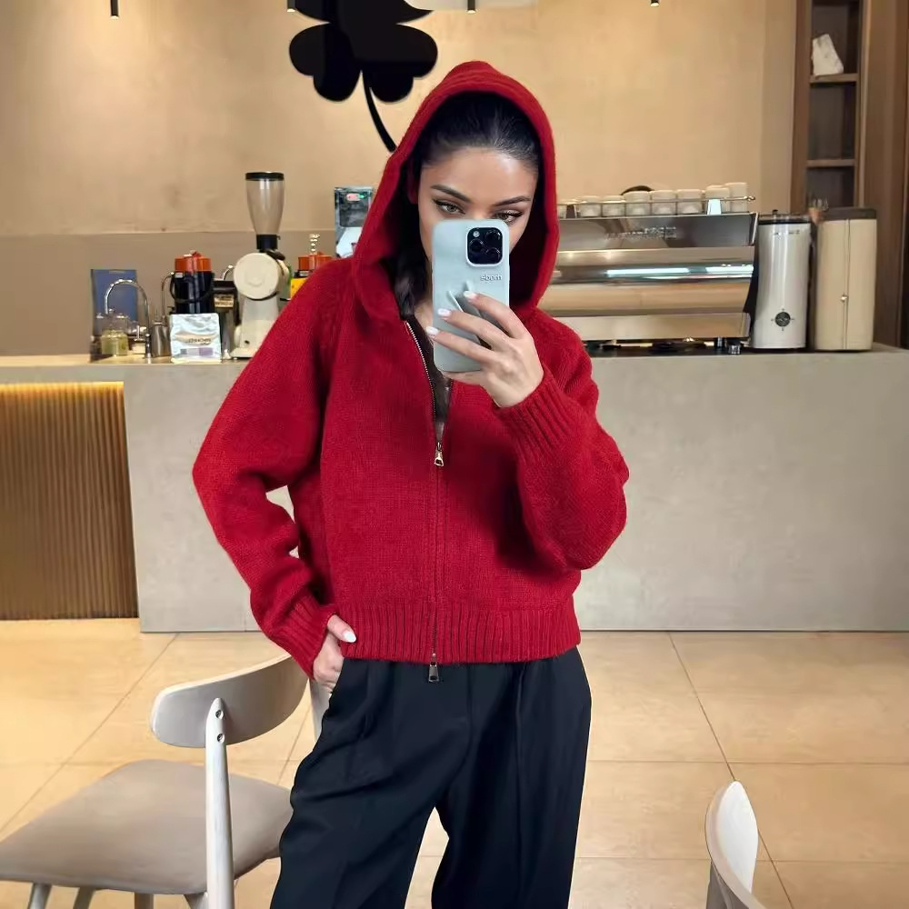 2024 otoño y invierno nueva Europa y América Amazon ropa de mujer transfronteriza con sombrero de color sólido corto de doble cremallera chaqueta cardigan de punto