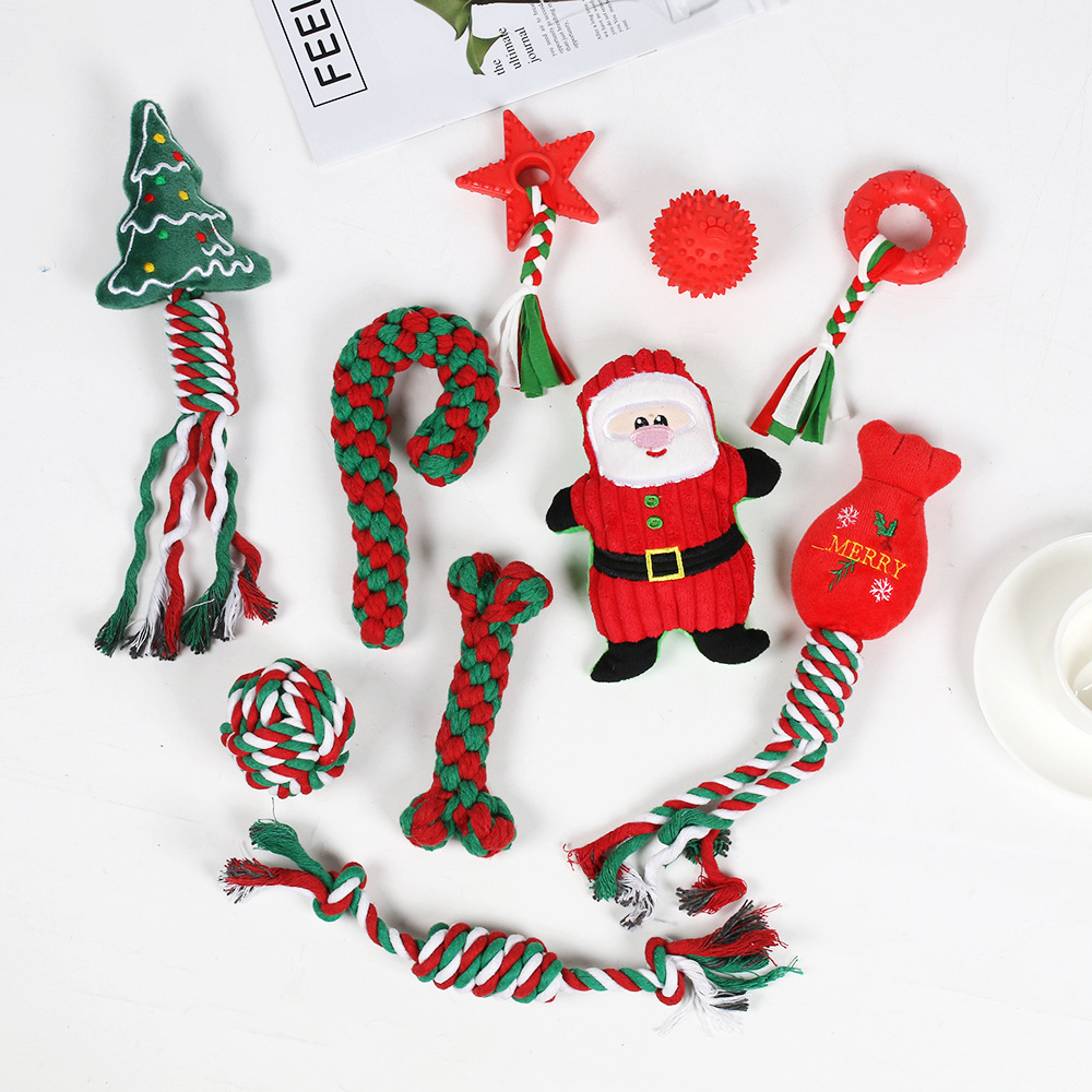 Juguetes para perros de gran venta transfronterizos, juego de juguetes de cuerda de algodón navideños para mascotas, juguete para la dentición, alivio del aburrimiento, juguete navideño con nudos resistentes a las mordidas.