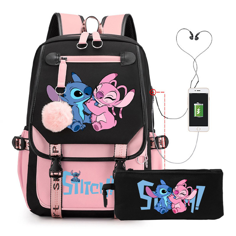 国境を越えた売れ筋漫画スクールバッグリロとスティッチかわいいステッチバックパック USB カジュアル学生バックパック鉛筆バッグ|undefined