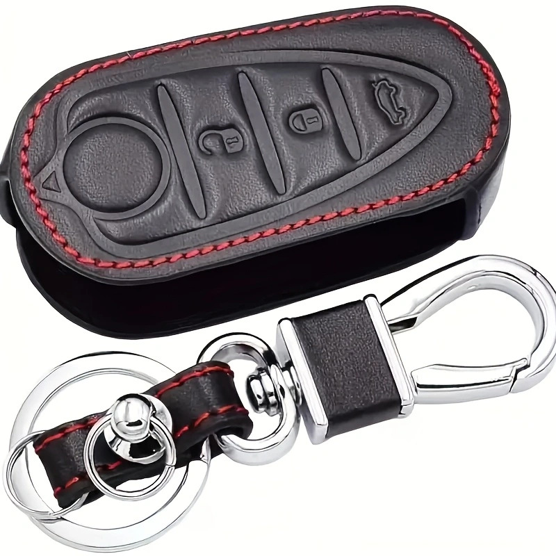 Suitable for Alfa Romeo key fobs: genuine leather car key case with buckle, protective shell, and red-edged stitching
