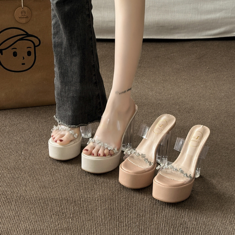 13CM Transparent Thick Heel Women's Summer Platform Sandals with Crystal Rhinestones, Ultra High Heel, Non-Slip
