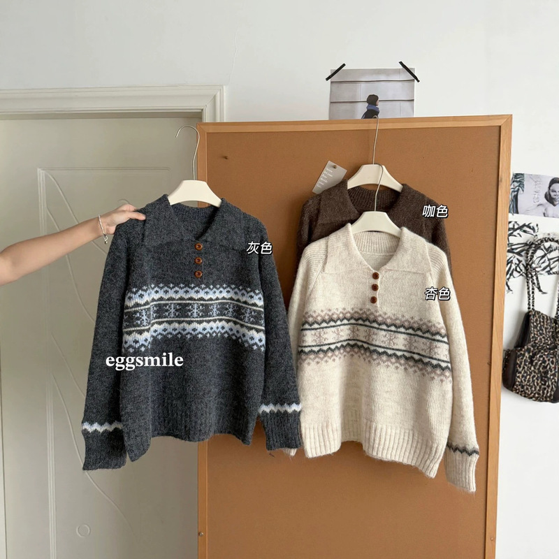 eggsmile Fair Isle Knit Polo Sweater for Women, Autumn/Winter Retro Striped Thickened Pullover Sweater