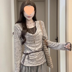 辣妹风挂脖假两件扎染针织衫女秋季套头长袖T恤衫纯欲荡领小上衣