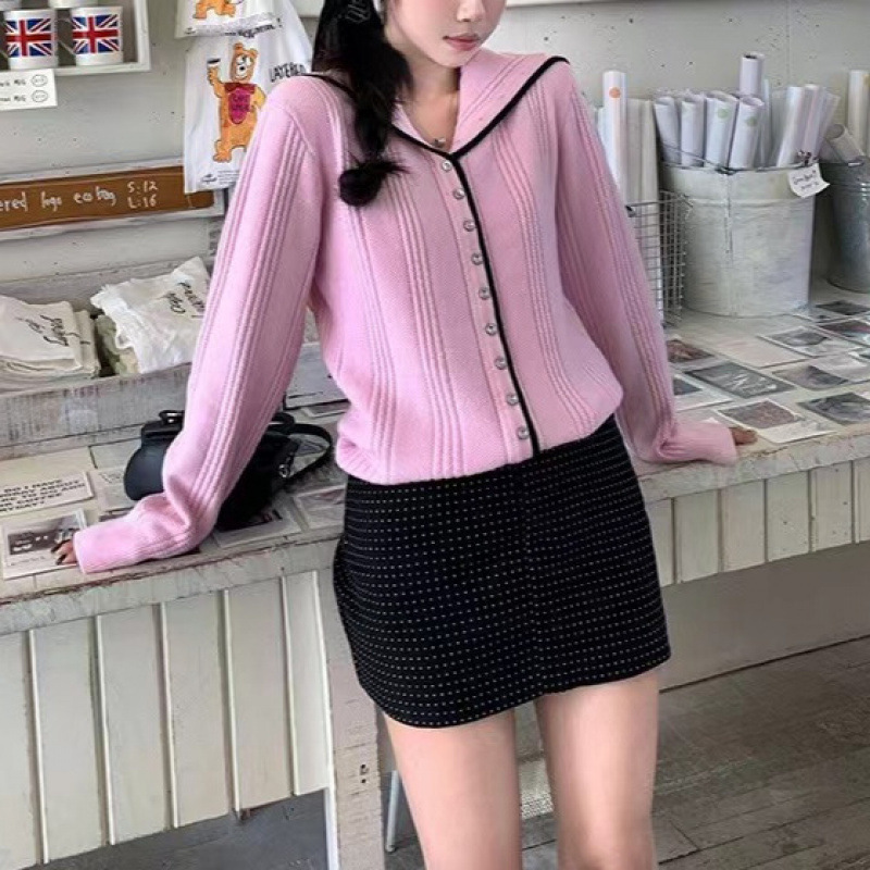 粉色针织开衫毛衣女秋季韩系海军领小个子甜美宽松显瘦慵懒风上衣|undefined