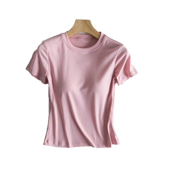 Basic All-Match Solid Color Slim-Fit Short-Sleeved T-Shirt with Chest Pad Women's Round Neck Short Top Summer Cotton Tencel Lyocell