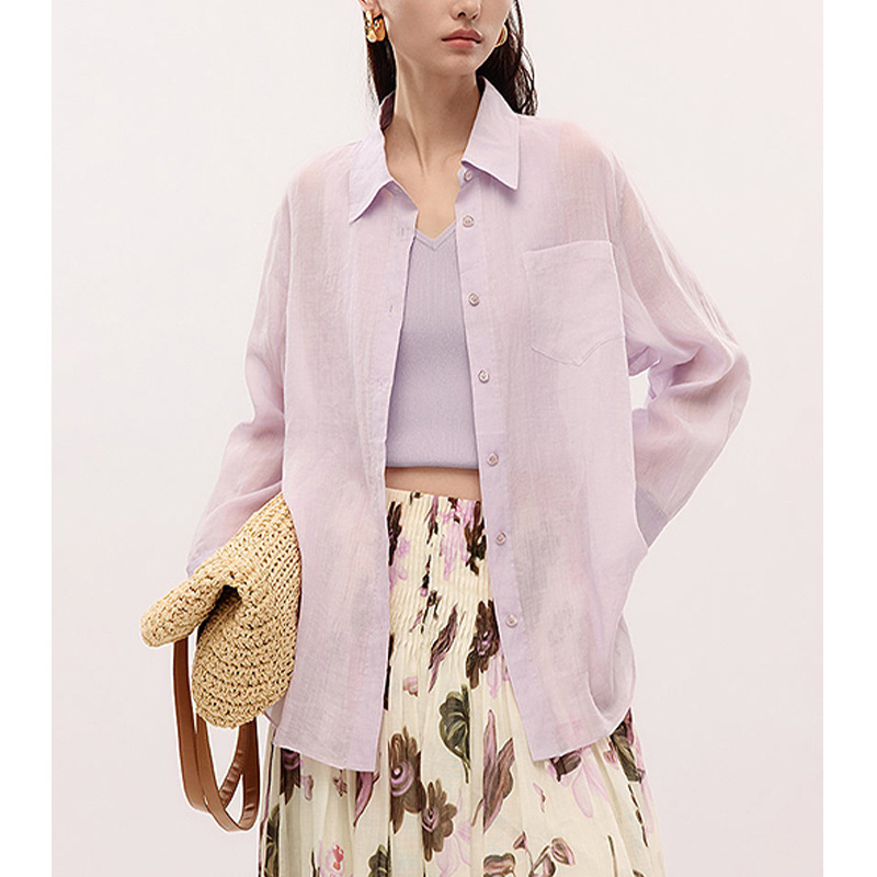 【Lang*Order】2026 Summer New Style Lightweight and Elegant Commuting High-End Light Purple Lapel Long-Sleeve Shirt for Women